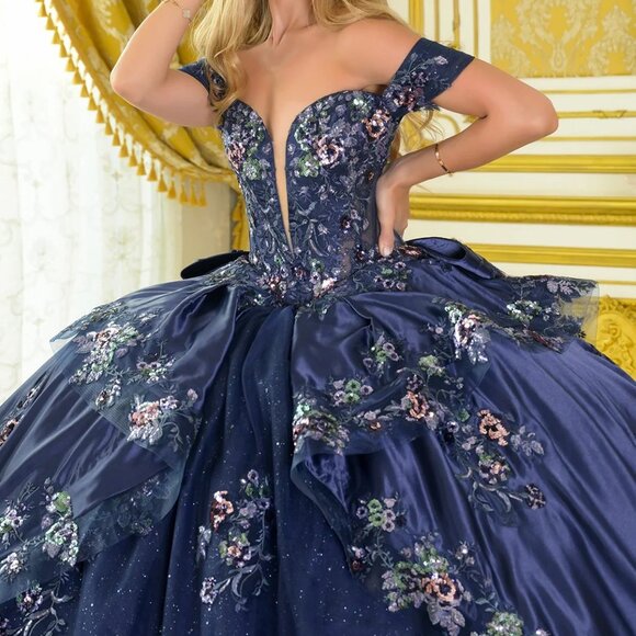 New Navy Satin Ball Gown w/ Floral Lace Embroidery & Oversized Back Bow GL3793 - Picture 5 of 14